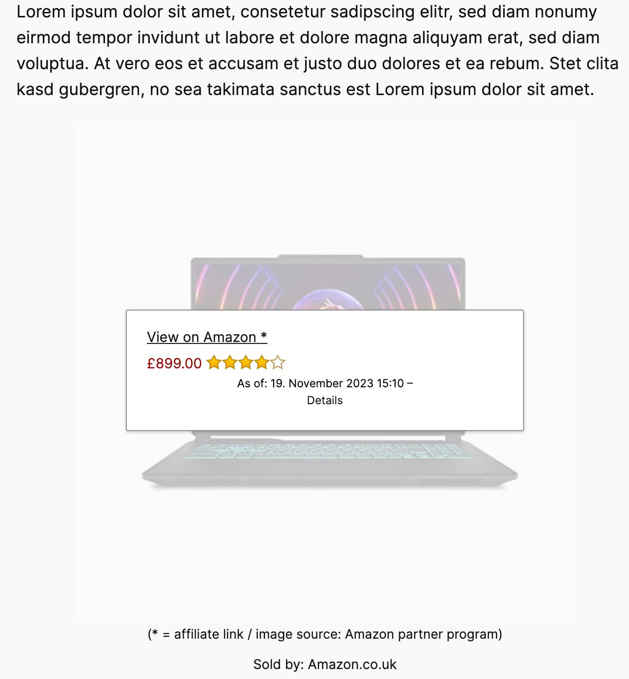 One product image from the Amazon Product Advertising API embedded in the site contents with hover effect